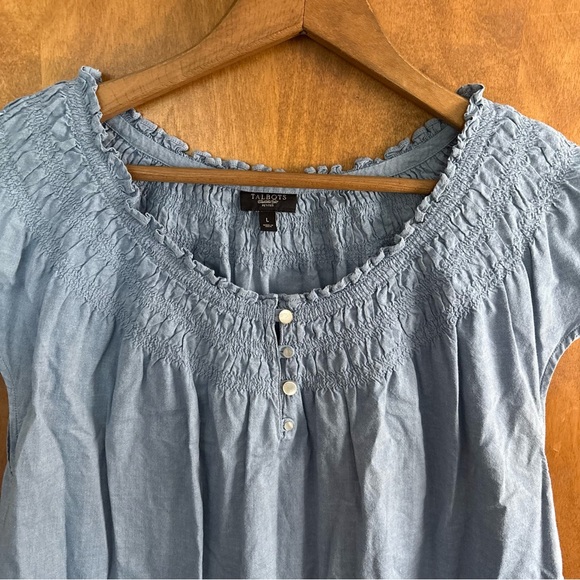 Talbots Large Blue Chambray Smocked Top Boho Cottagecore Fairy Peasant Prairie - Picture 6 of 14